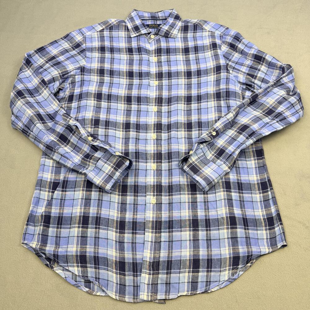 Polo Ralph Lauren Shirt Mens Medium Blue Plaid Linen Long Sleeve Button Up